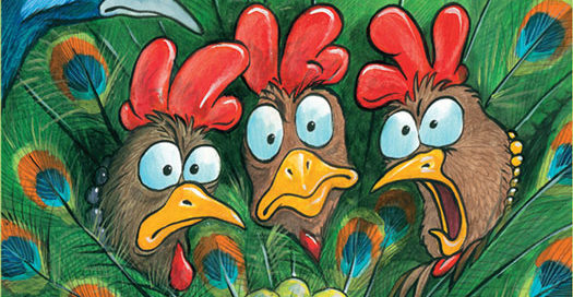Three Hens and a Peacock